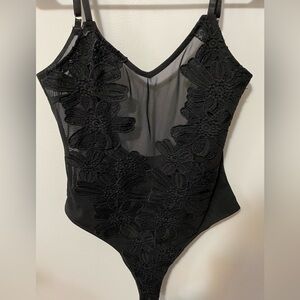 Black Mesh Bodysuit with Floral Appliqués